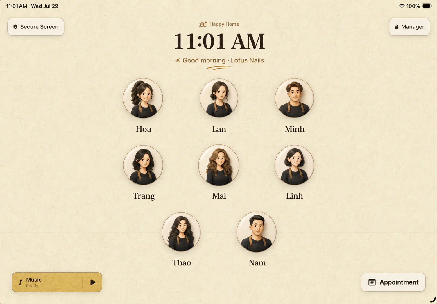 Pantalla real de inicio del personal de Paybook en iPad con fotos del equipo y el botón Appointment. Captura en inglés.